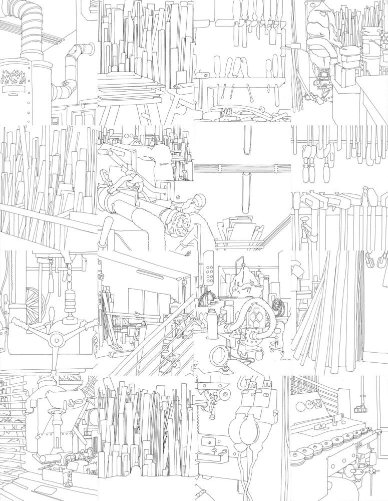 Eva Früh, artist: holzwerkstatt, installation, auswahl aus 130 zeichnungen