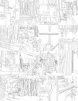 Eva Früh, Künstlerin: holzwerkstatt, installation, auswahl aus 130 zeichnungen